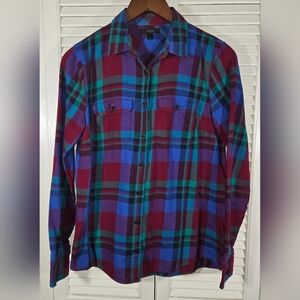 J Crew Flannel Popover Long Sleeve Button Up Plaid Blue Purple Red Top Size 4